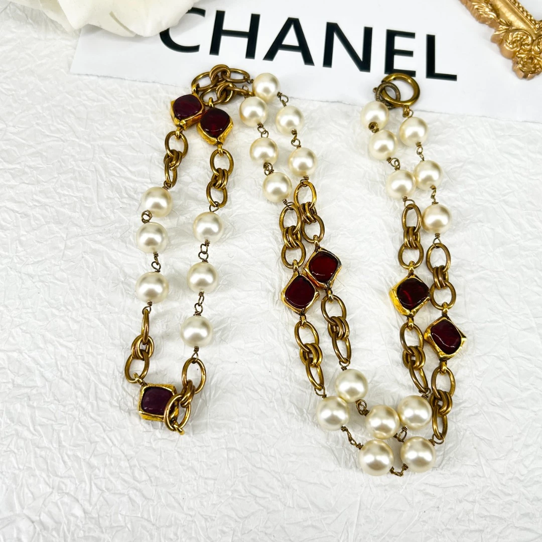95新 Chanel/香奈儿 中古红琉璃珍珠项链/E45134