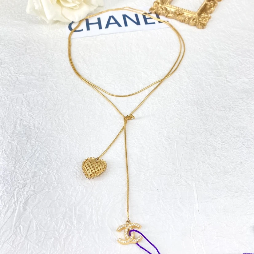 95新 Chanel/香奈儿 中古素金双C爱心长款Y字项链/M312046