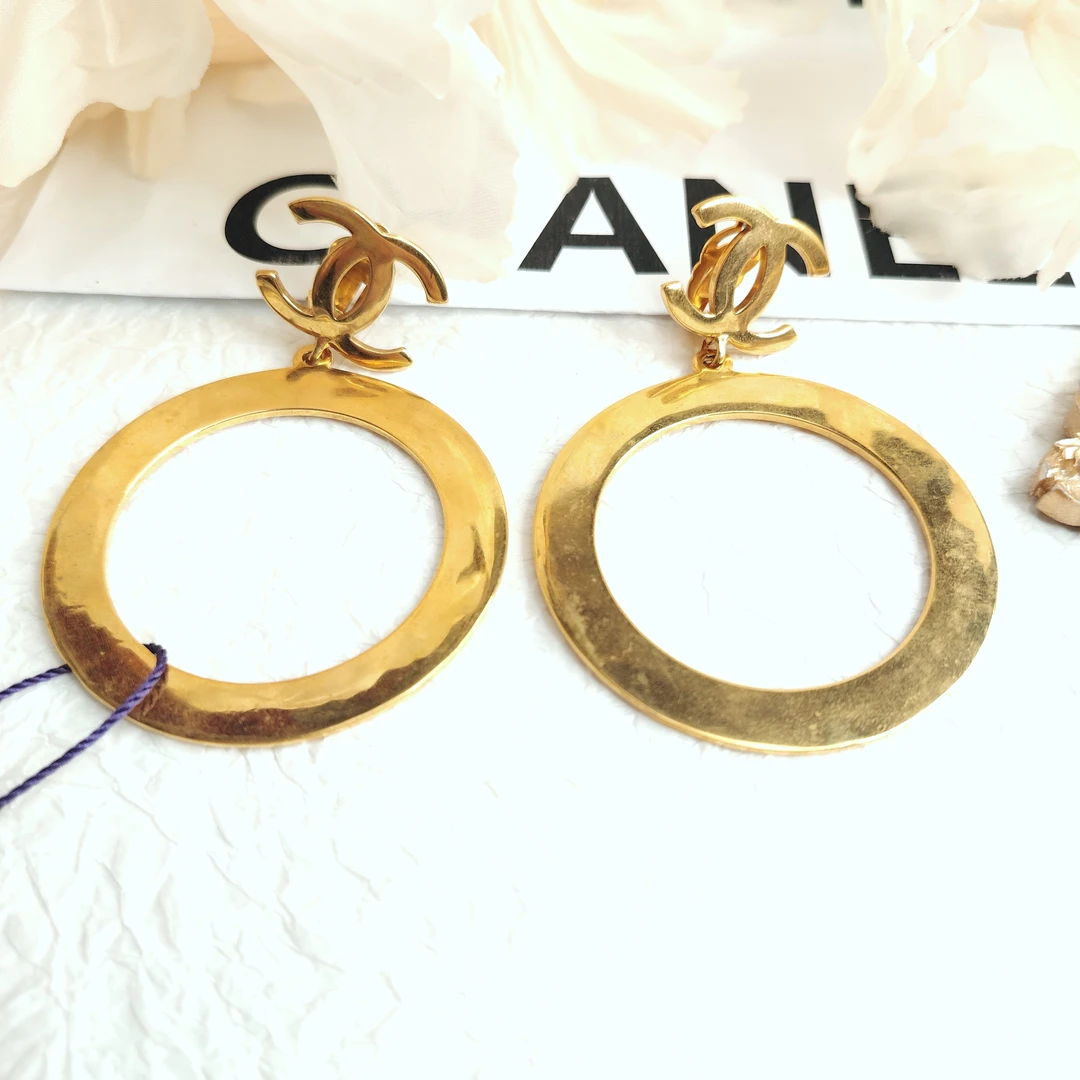 95新 Chanel/香奈儿 中古素金双C圆环吊坠耳夹/M312147