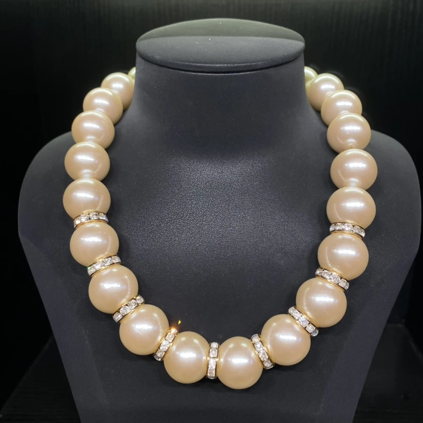95新 玛雅中古 中古莱茵石大珍珠短款项链/MJ410176