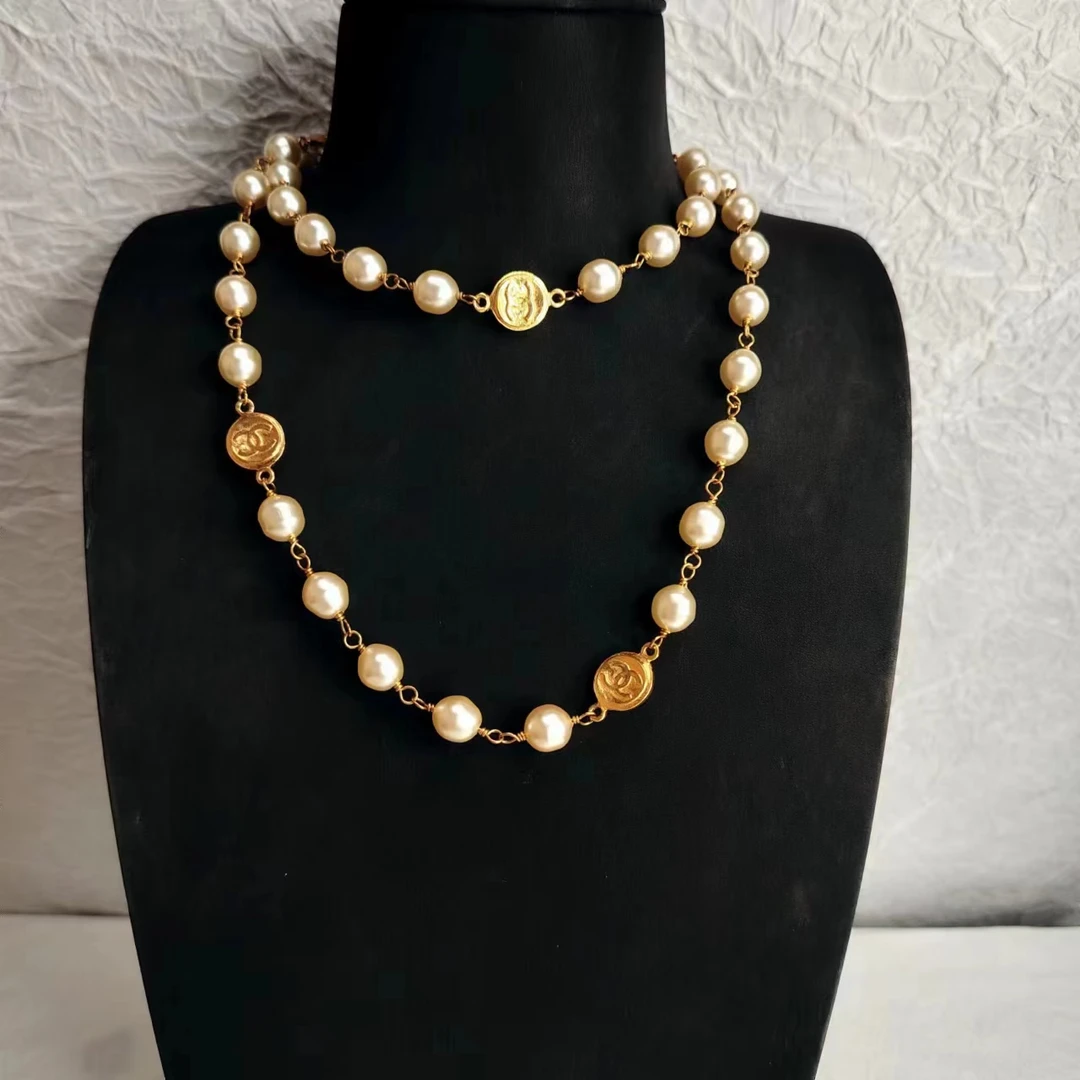 95新 Chanel/香奈儿 中古金币素金双C珍珠项链/EJ4615