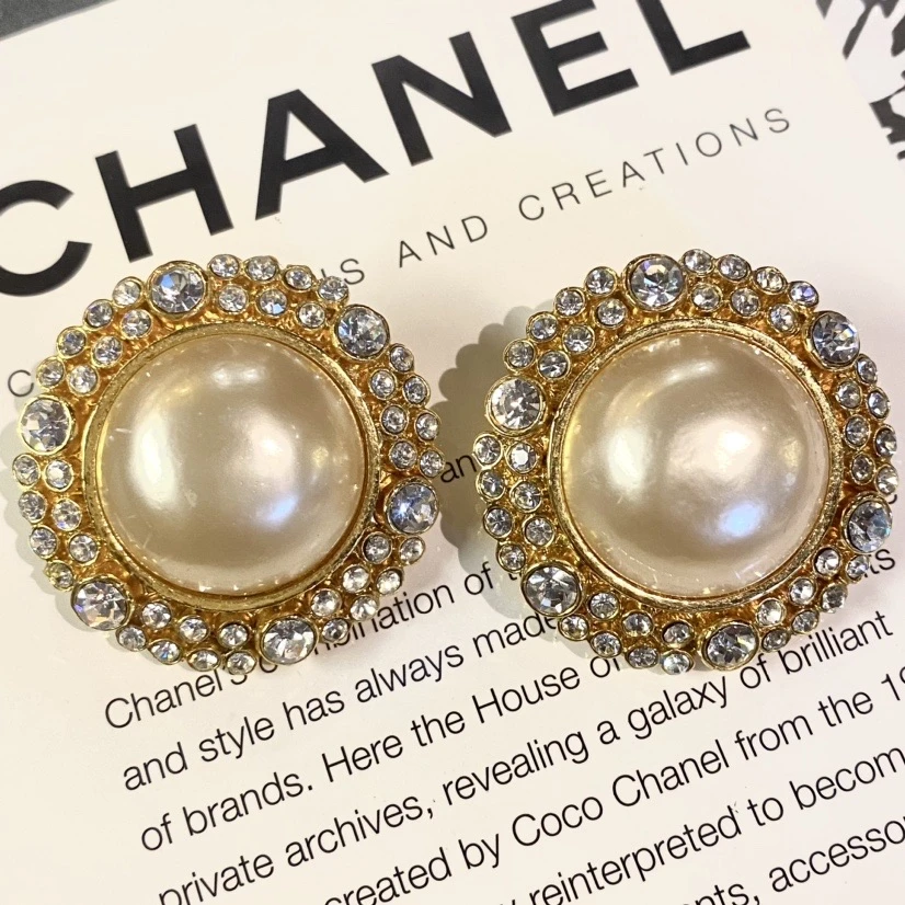 95新 Chanel/香奈儿 中古莱茵石珍珠耳夹/M41151