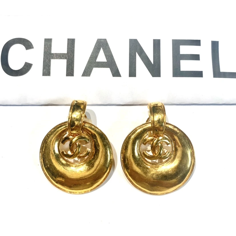 95新 Chanel/香奈儿 中古素金双C吊坠耳夹/E31239