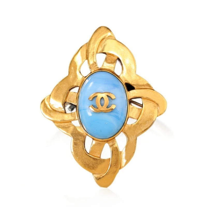 95新 Chanel/香奈儿 中古彩釉双C蓝琉璃素金镂空胸针/M3461