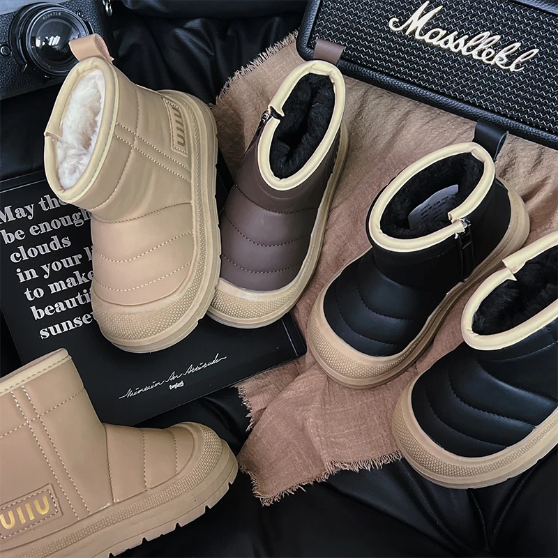 儿童雪地棉2024冬季新款加绒加厚保暖时尚纯色皮面短靴25945