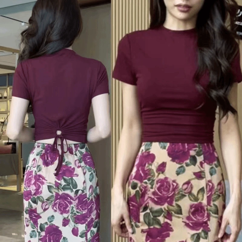 十三行设计感短袖T恤女小众后背绑带圆领夏季修身显瘦气质上衣