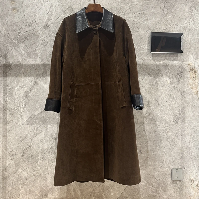 2025春秋新款海宁真皮皮衣女中长款高端正绒鹿皮绒山羊皮风衣外套