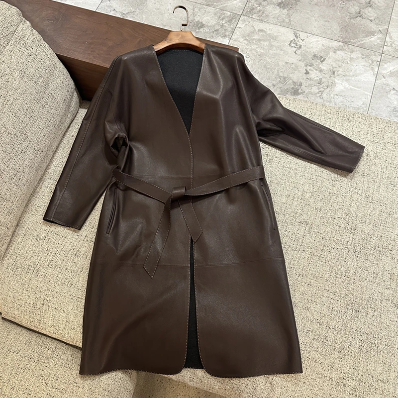 高端进口山羊皮荔枝纹过膝长款宽松慵懒风气质女海宁真皮皮衣外套