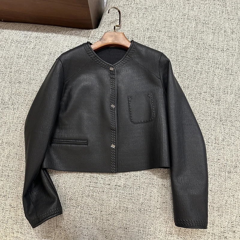 2024秋季海宁真皮皮衣女短款小个子简约休闲高端荔枝纹山羊皮夹克