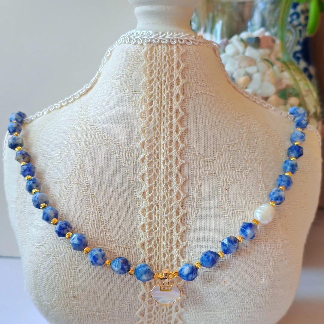 铜合金仿水晶项链 民族风蓝纹高端项链气质设计