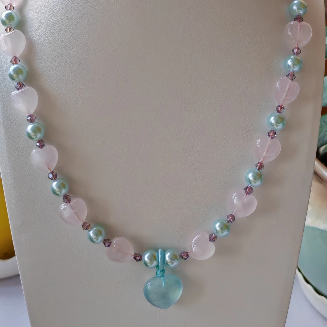 铜合金石英石项链 粉海蓝心形吊坠公主风项链