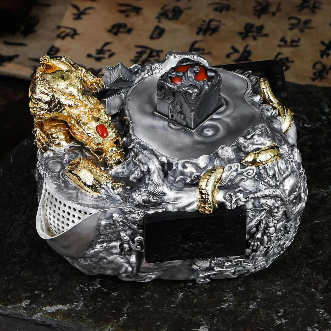 境秋个性龙腾虎跃陶瓷龙虎壶创意中式银壶复古轻奢茶壶家用茶具