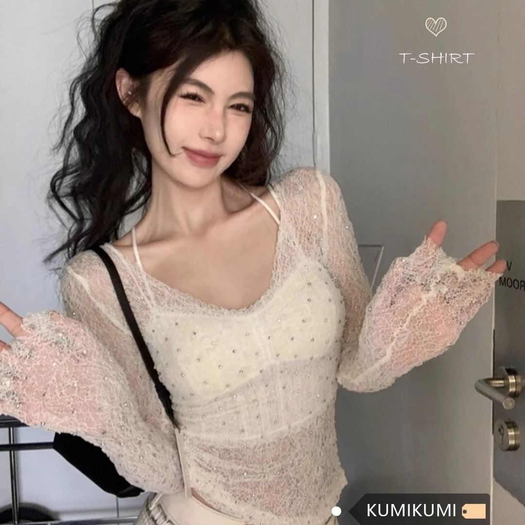 纯欲辣妹镶钻闪闪白色蕾丝T恤女装夏季显瘦镂空防晒上衣