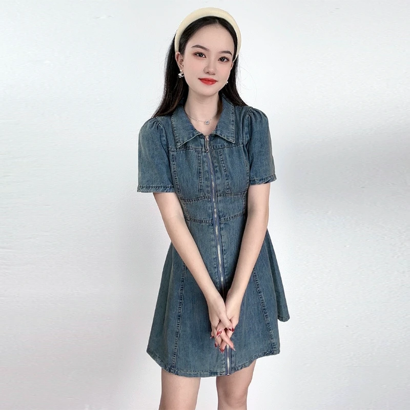 ASY/港风复古牛仔女装连衣裙2024夏季新款设计感休闲风翻领短裙