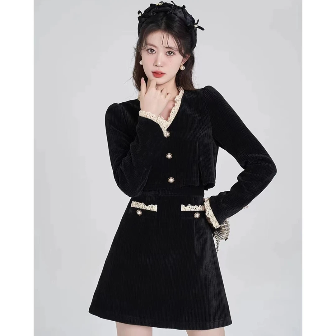 ASY/2025早春新款假两件V领连衣裙法式气质时尚收腰名媛赫本裙