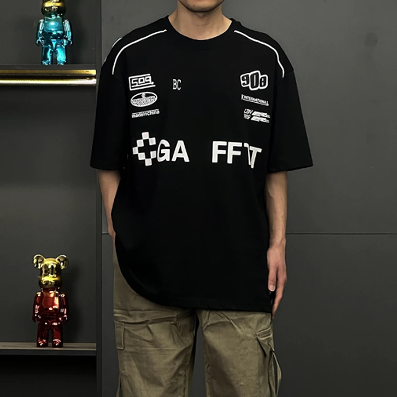 夏季美式印花篮球服橄榄球衣跑步冰球服宽松运动半袖圆领短袖T恤