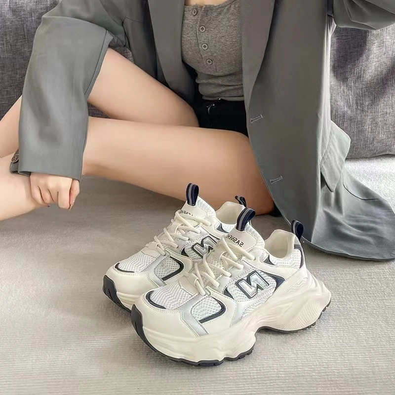 【新款推荐】撞色字母厚底老爹鞋4公分夏季透气时尚女士厚底休闲鞋