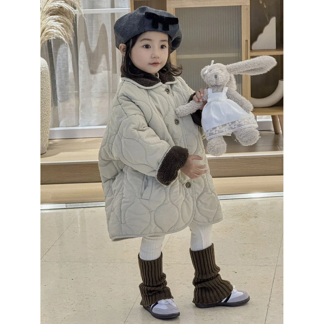 韩版冬季新品女童葫芦绗棉毛领长款棉衣宝宝百搭洋气厚实保暖棉服