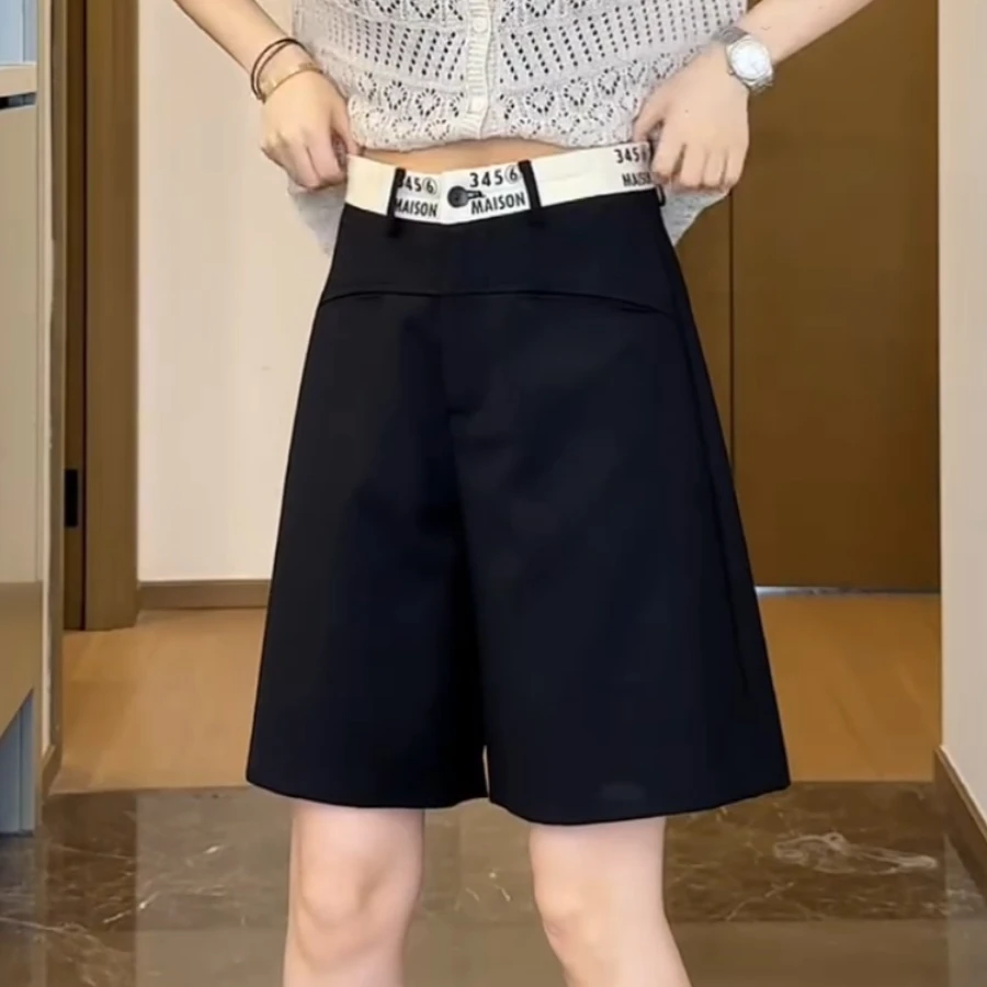 大码短裤松紧腰字母西装五分裤女2025薄款宽松直筒港味休闲五分裤