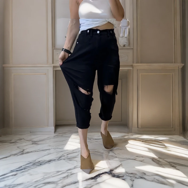 大码破洞牛仔裤子女梨形身材微胖女生穿搭秋季常规弹力哈伦老爹裤