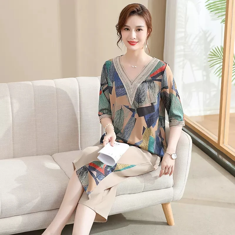 2024妈妈装夏装两件套装洋气减龄中老年妈妈短中袖雪纺上衣宽松