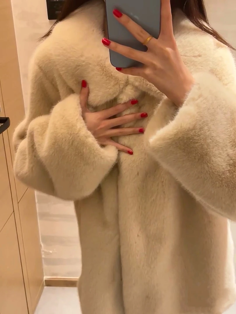 树树 小白熊冬季中长款大衣环保毛毛