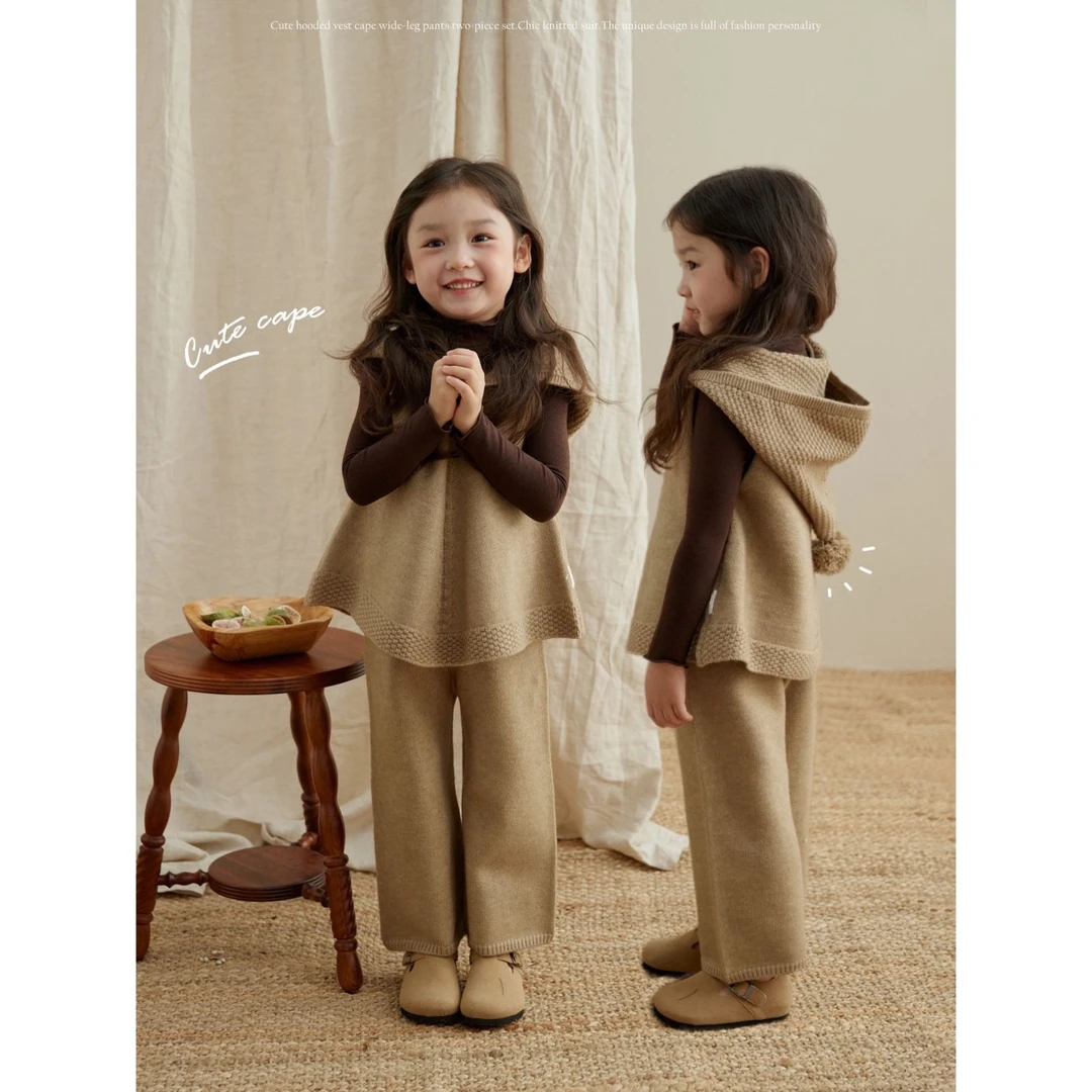 女童毛衣套装春秋新款幼儿园宝宝韩版针织连帽马甲阔腿裤两件套潮