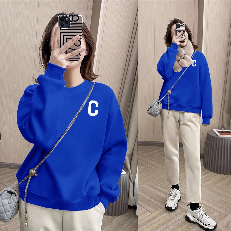 克莱因蓝春秋款卫衣女装小个子2024新款宽松长袖加绒加厚无帽上衣