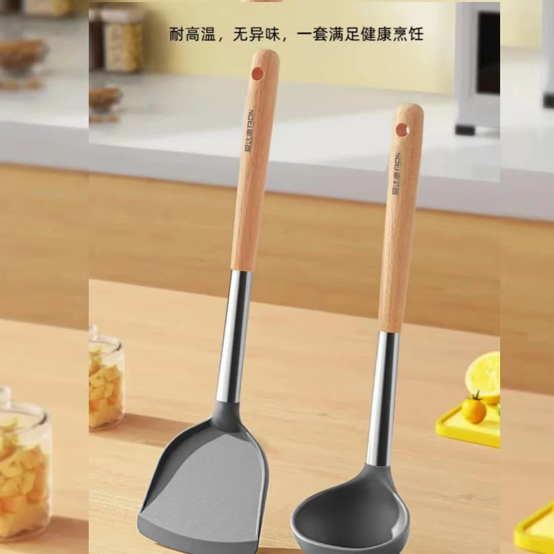 耐高温不锈钢榉木搅拌料理硅胶铲勺套装炒菜加厚家用