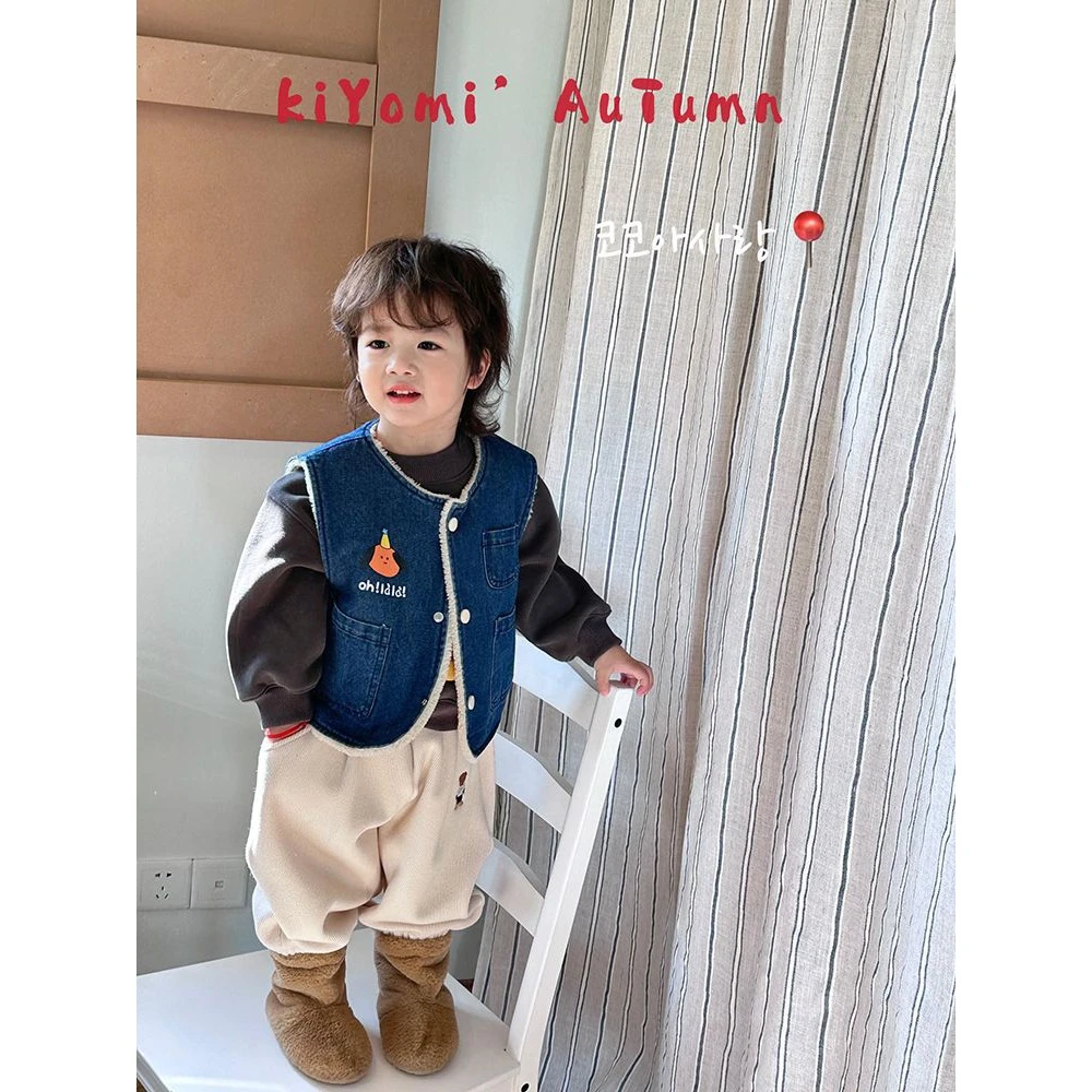 儿童秋冬新款外穿春秋牛仔马甲韩版休闲可爱印花秋季加厚洋气外套