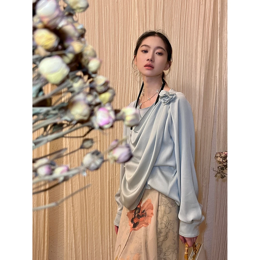 cunblvd常存 碧波荡漾 柔软光泽感韩国进口醋酸荡领设计衬衫上衣