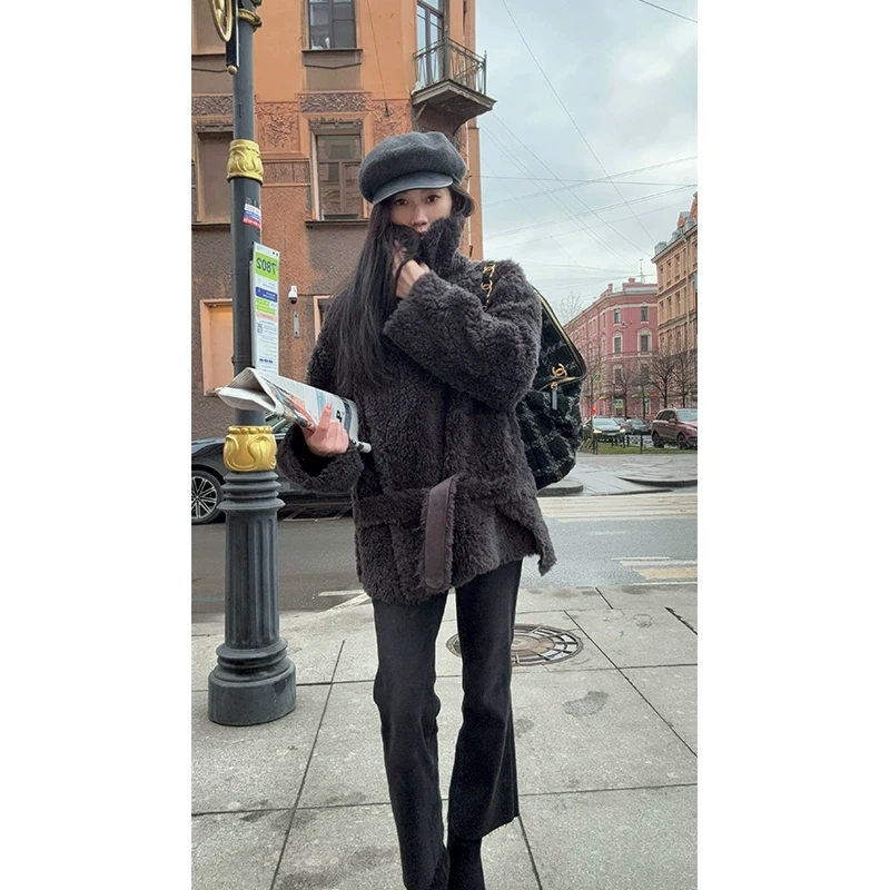 常存CUN BLVD羊毛羊羔毛腰带外套