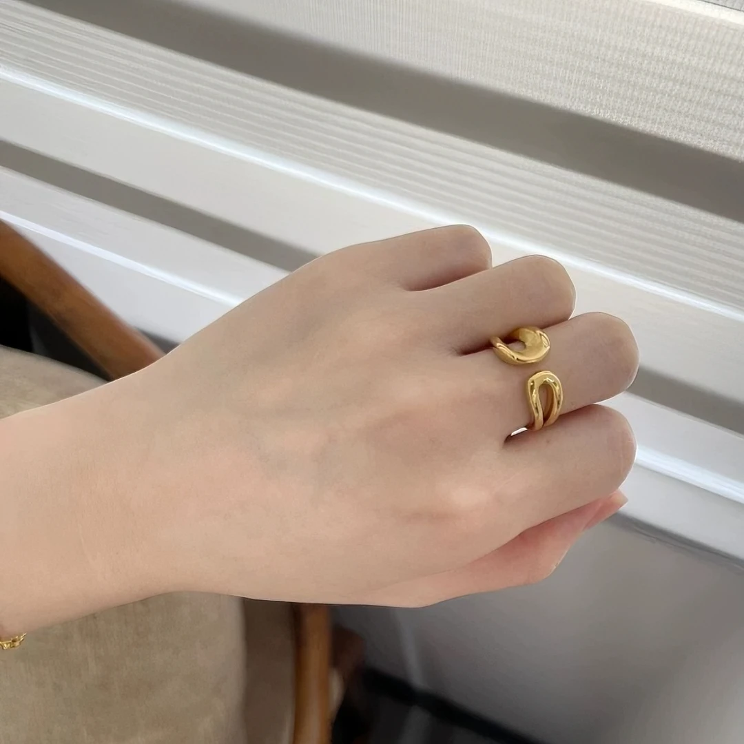 [抖音质检 现货]5D黄金戒指几何开口戒指镂空磨砂足金999 卡10