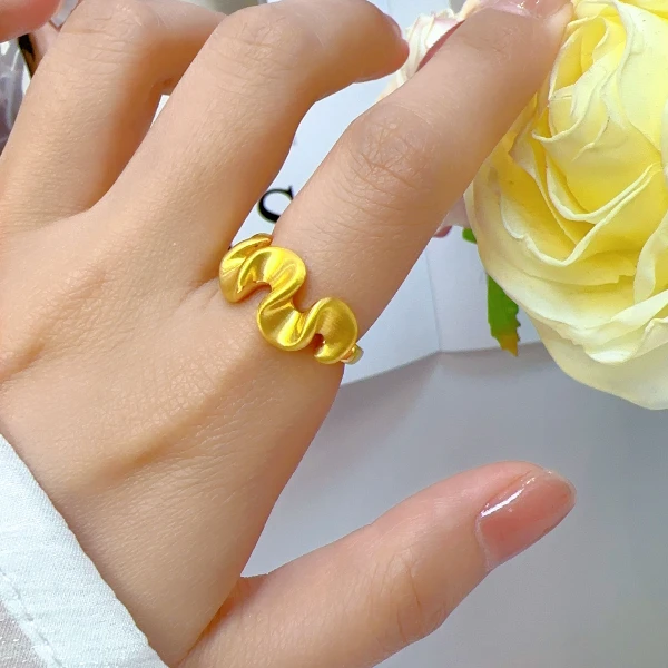 [抖音质检 现货]5D黄金戒指法式复古波浪戒指磨砂面设计足金999