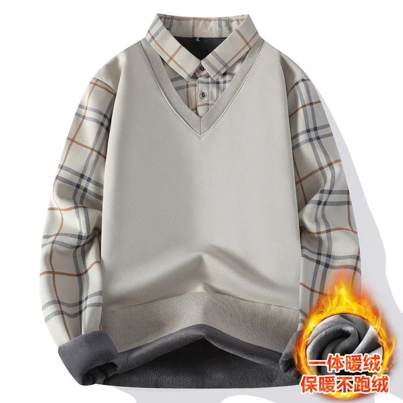 假两件衬衫领毛衣男2024新款秋冬季加绒加厚保暖针织打底衫低价