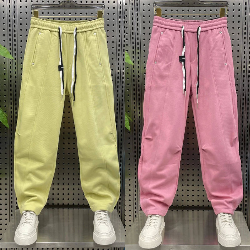 2024秋季潮流时尚百搭休闲裤新品男士抽绳纯色拼接直筒裤宽松长裤