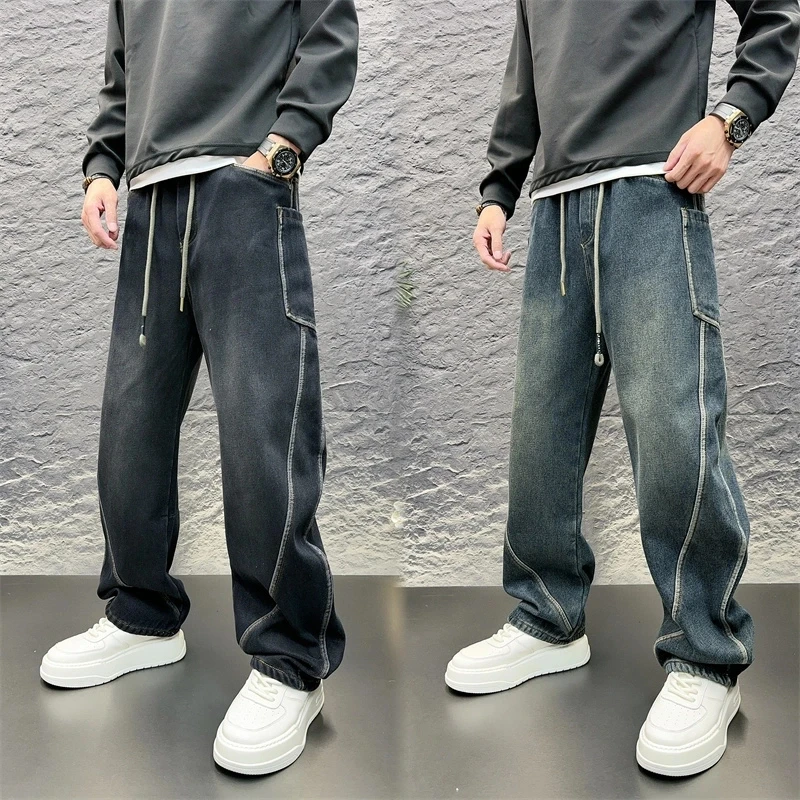 冬季加绒加厚大口袋工装牛仔裤重磅抽绳牛仔裤宽松直筒弯刀裤子款