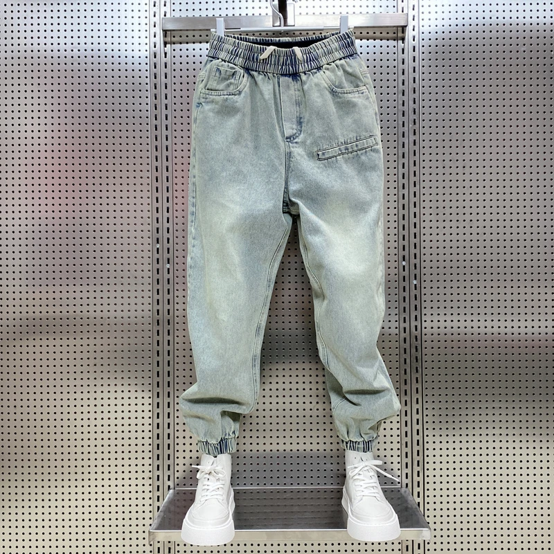 2024春秋新款复古水洗浅蓝色牛仔裤男士宽松国潮束脚休闲哈伦裤潮