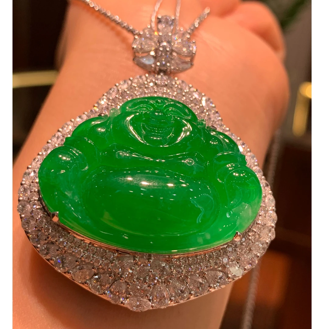 满绿天然缅甸翡翠18k金豪镶佛公吊坠高级可收藏大气