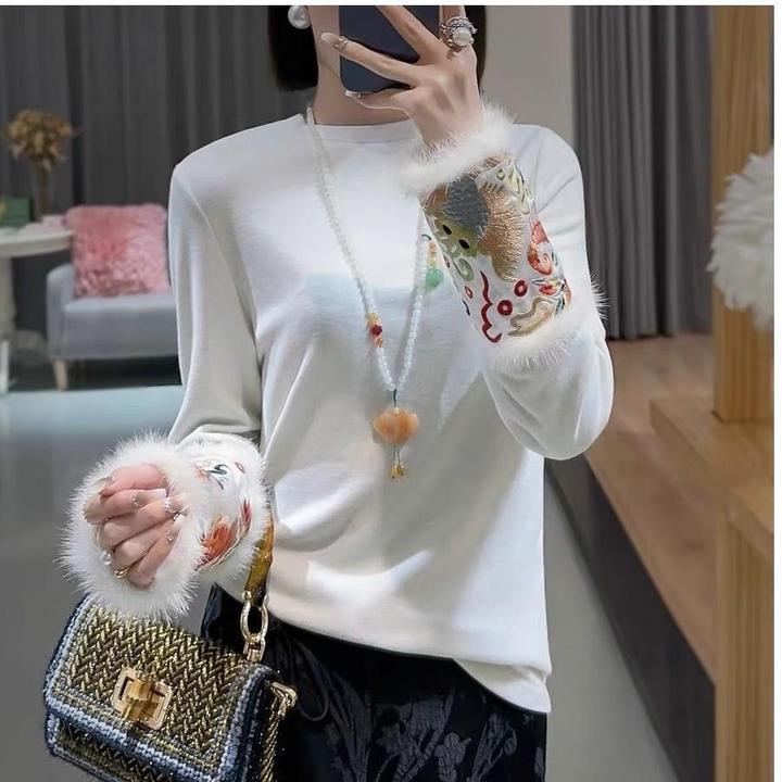 德绒刺绣中式国风秋冬款毛毛袖口长袖打底衫上衣修身T恤保暖时尚