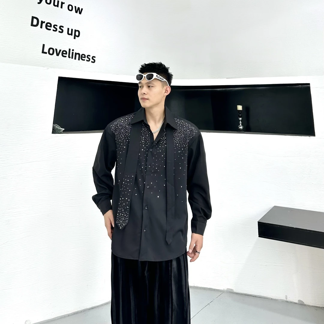 高级感烫钻衬衫男士长袖春夏季新款时尚潮流免烫休闲垫肩衬衣宽松