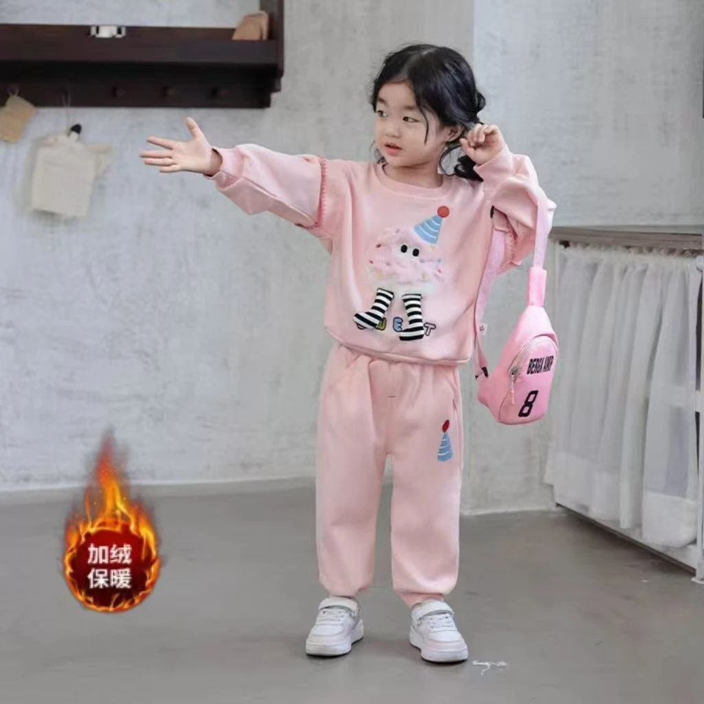 D1124女宝宝套装加绒洋气时尚女孩休闲卡通韩版运动长袖两件套潮