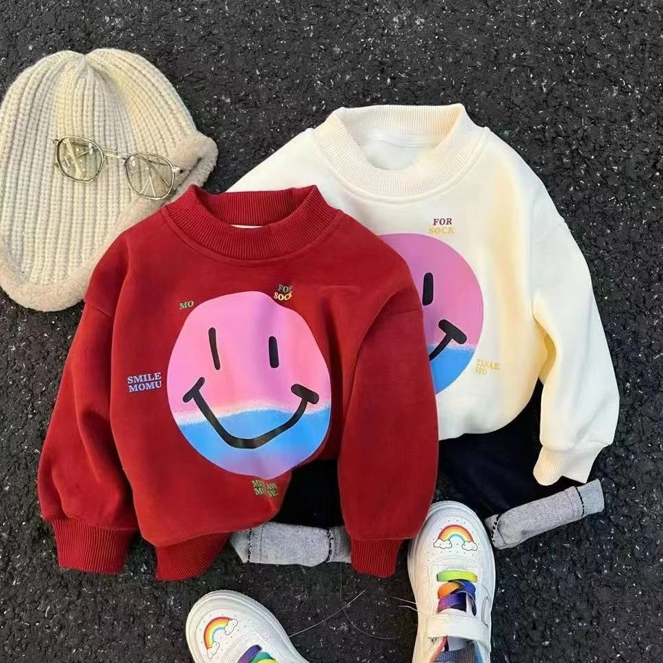 笑脸可爱卫衣加绒儿童女童男童打底小童加绒加厚套头卫衣圆领秋冬