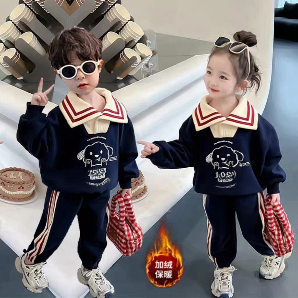 28101新款女童卡通套装加绒款宝宝洋气翻领卫衣休闲裤两件套