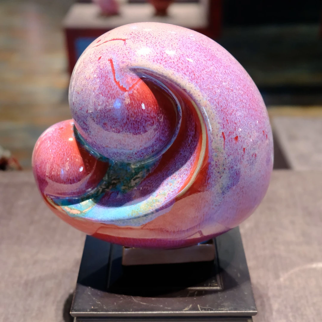 【刘志远】全手制钧红釉心心相印如意摆件创意手工艺具有收藏价值