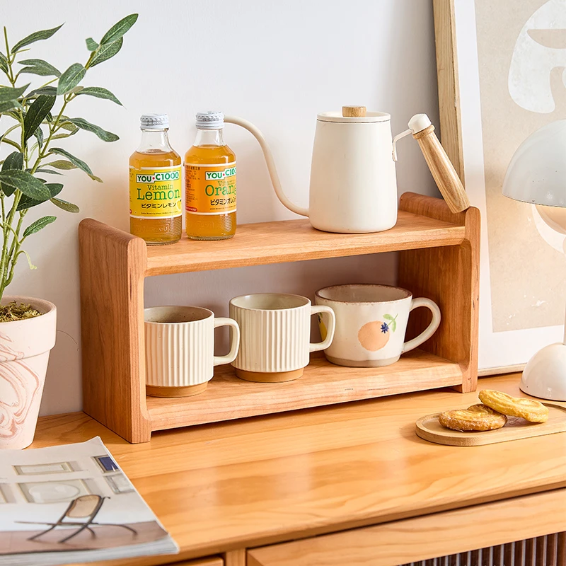 樱桃木桌面实木置物架双层茶具咖啡杯子茶壶收纳架小型展示架
