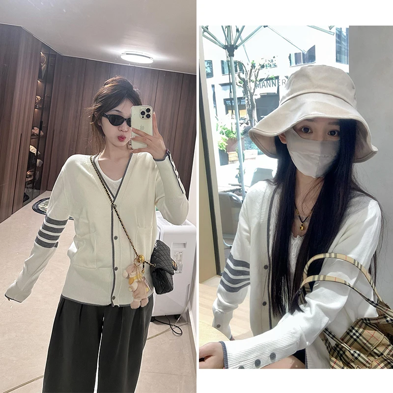 四条杠针织衫开衫女白色V领上衣毛衣tb外套宽松外搭2025秋季新款