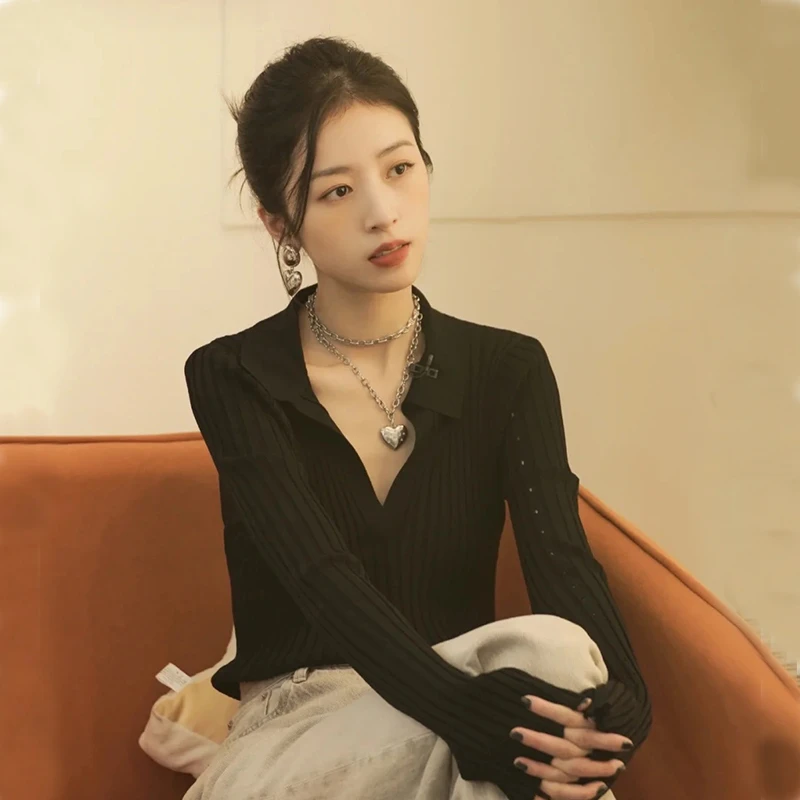 半熟男女韩苏周雨彤同款衣服职场穿搭毛衣针织衫女黑色上衣打底秋