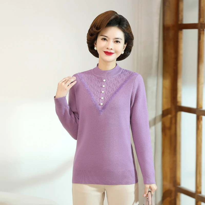 2023新款妈妈装秋冬加绒加厚毛衣中老年女保暖长袖针织打底衫上衣