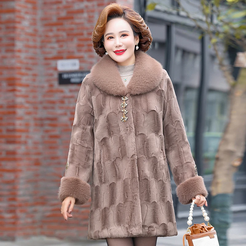 中老年妈妈冬装洋气防水貂绒大衣中长款2023秋冬加棉高贵毛呢外套